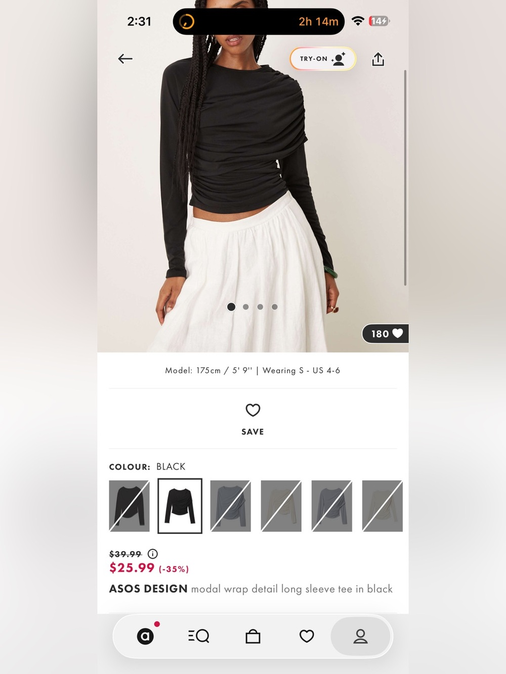 ASOS Design Modal Wrap Detail Long Sleeve Tee in Black